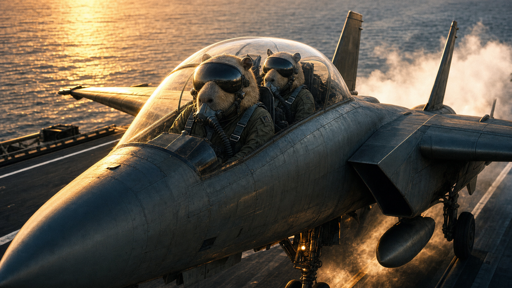 Two chiguiros launching in a fighter from an aircraft carrier at dawn