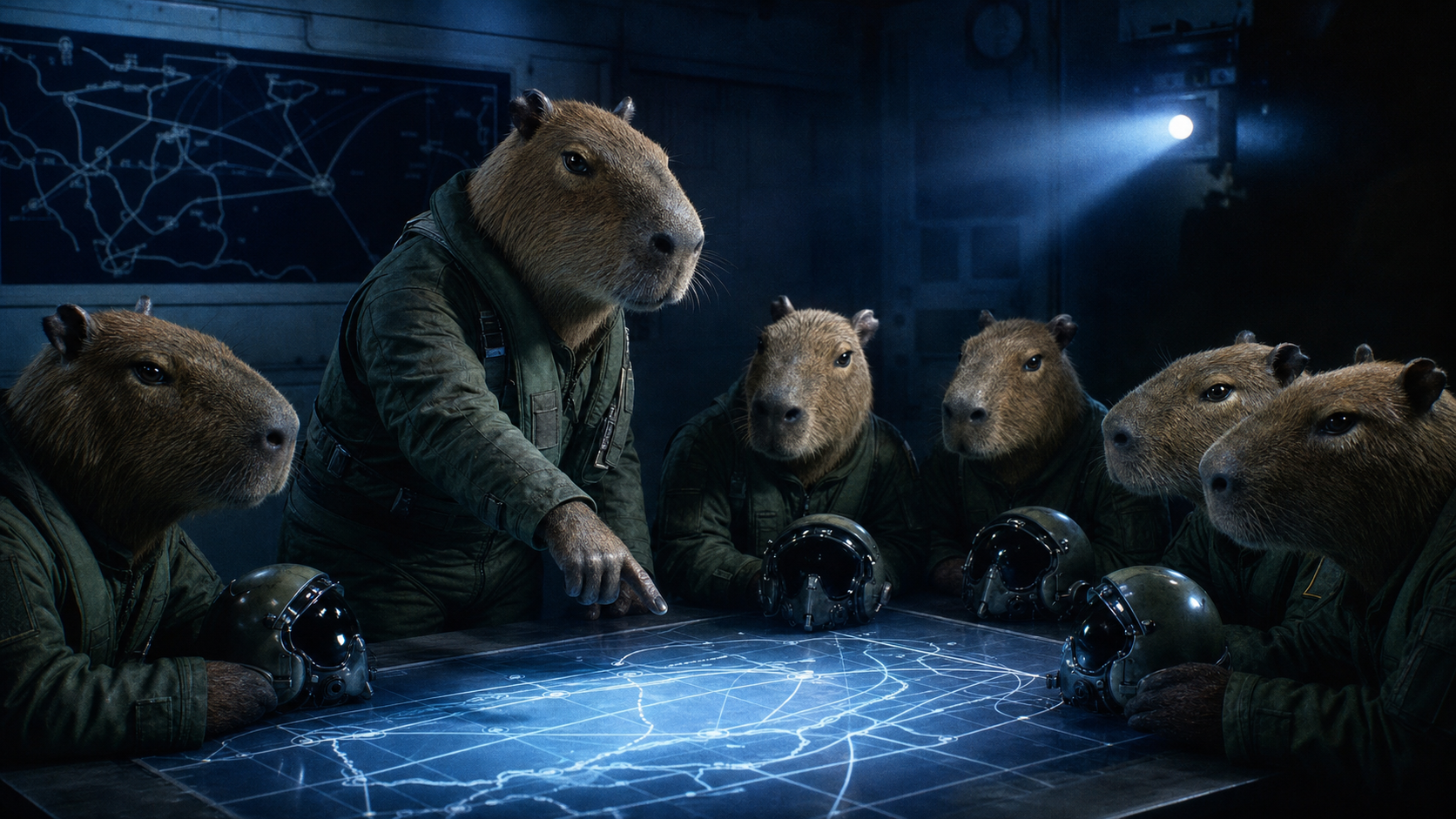 Chiguiro commander leading a glowing mission briefing