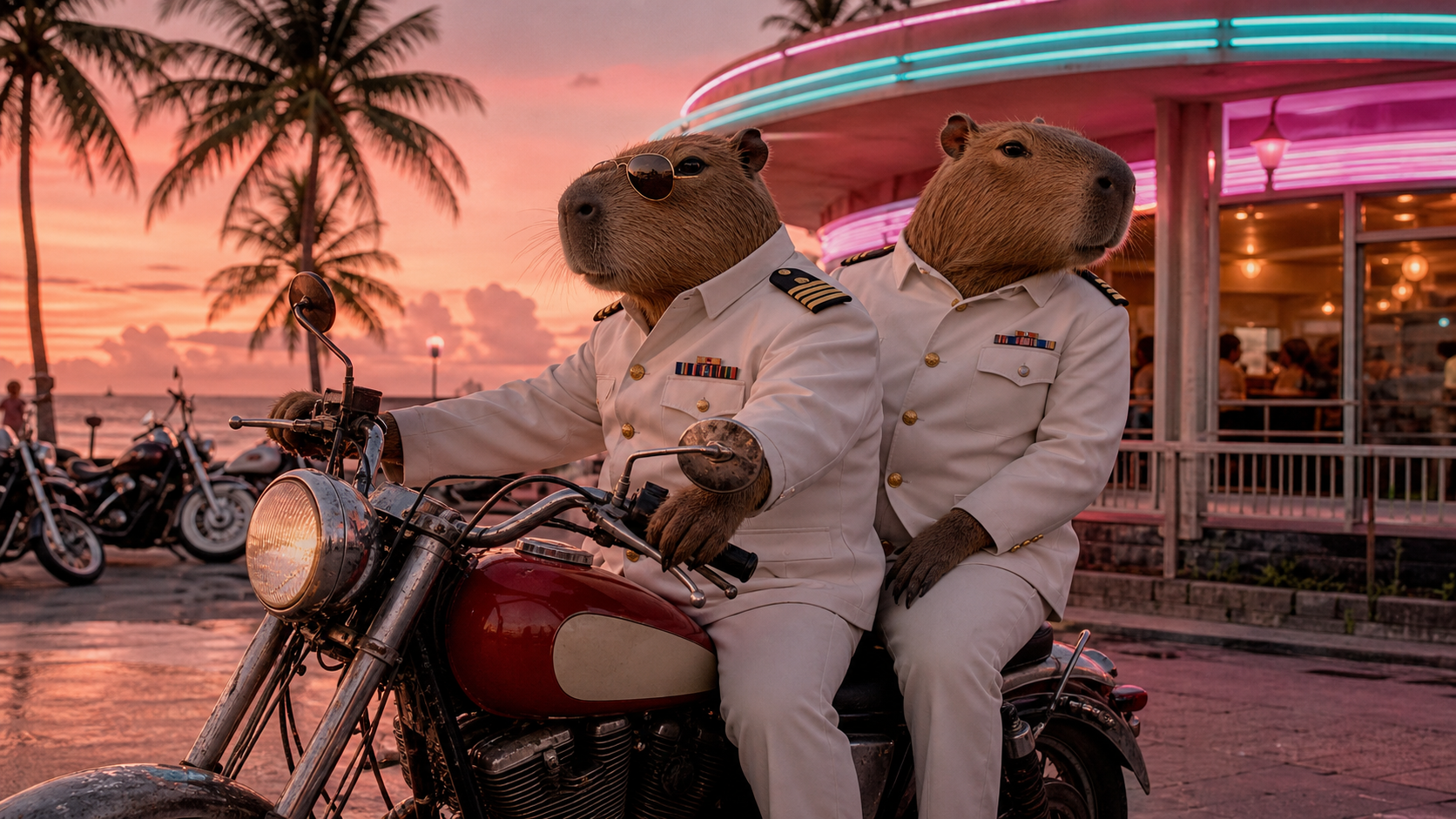 Two chiguiros in white uniforms beside a motorcycle and neon diner