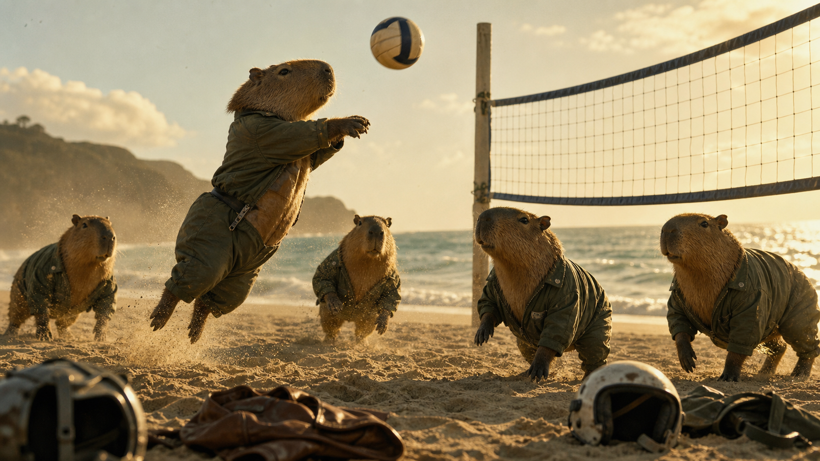 Chiguiros playing beach volleyball at sunset