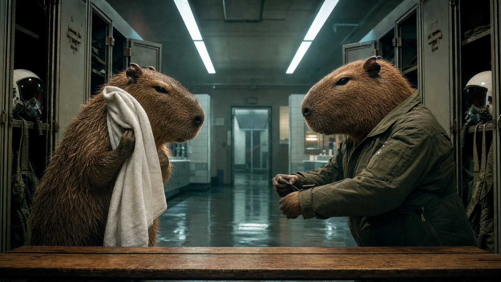 Two rival chiguiros facing off in a locker room