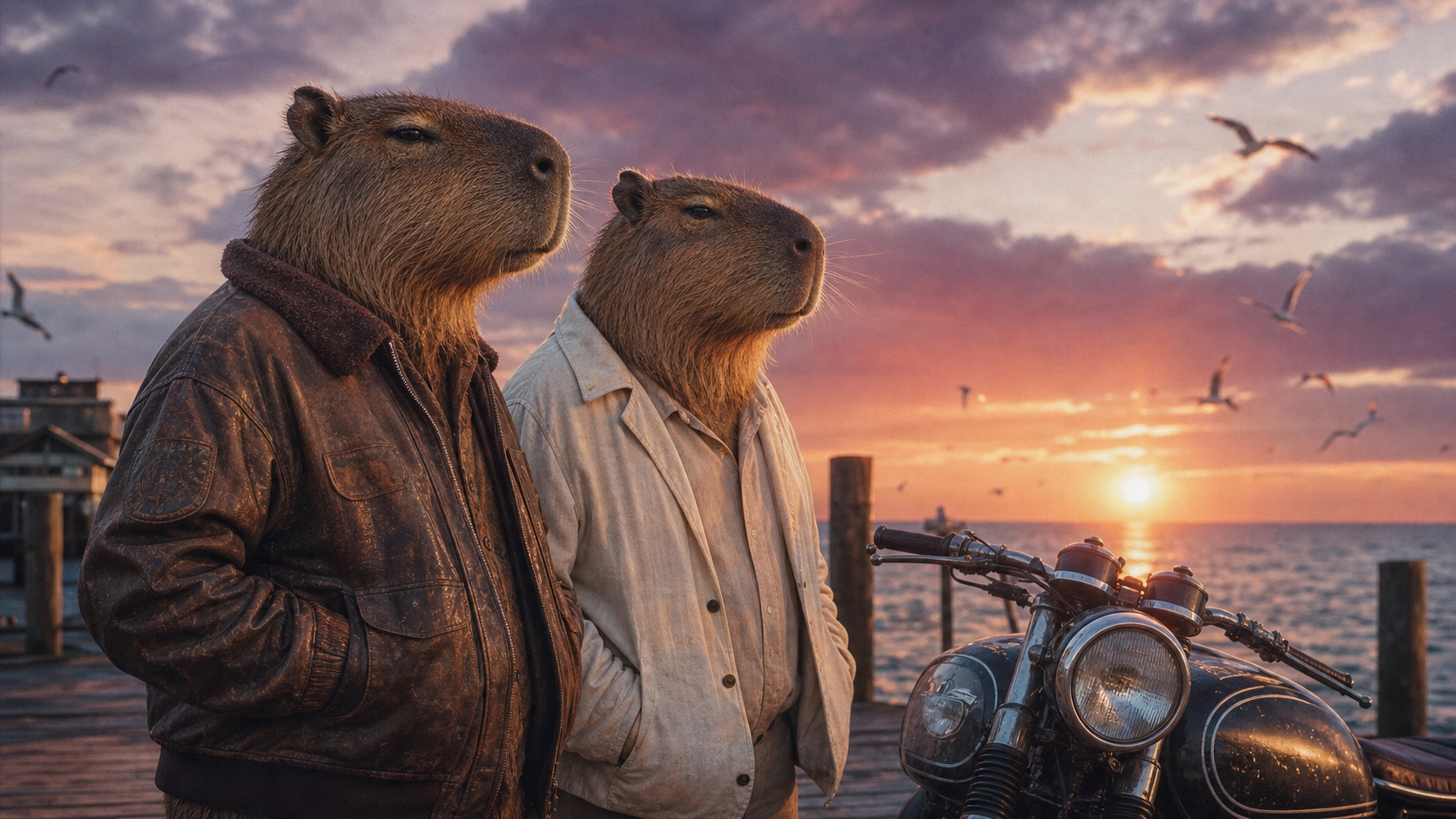 Two chiguiros sharing a quiet moment on a sunset pier
