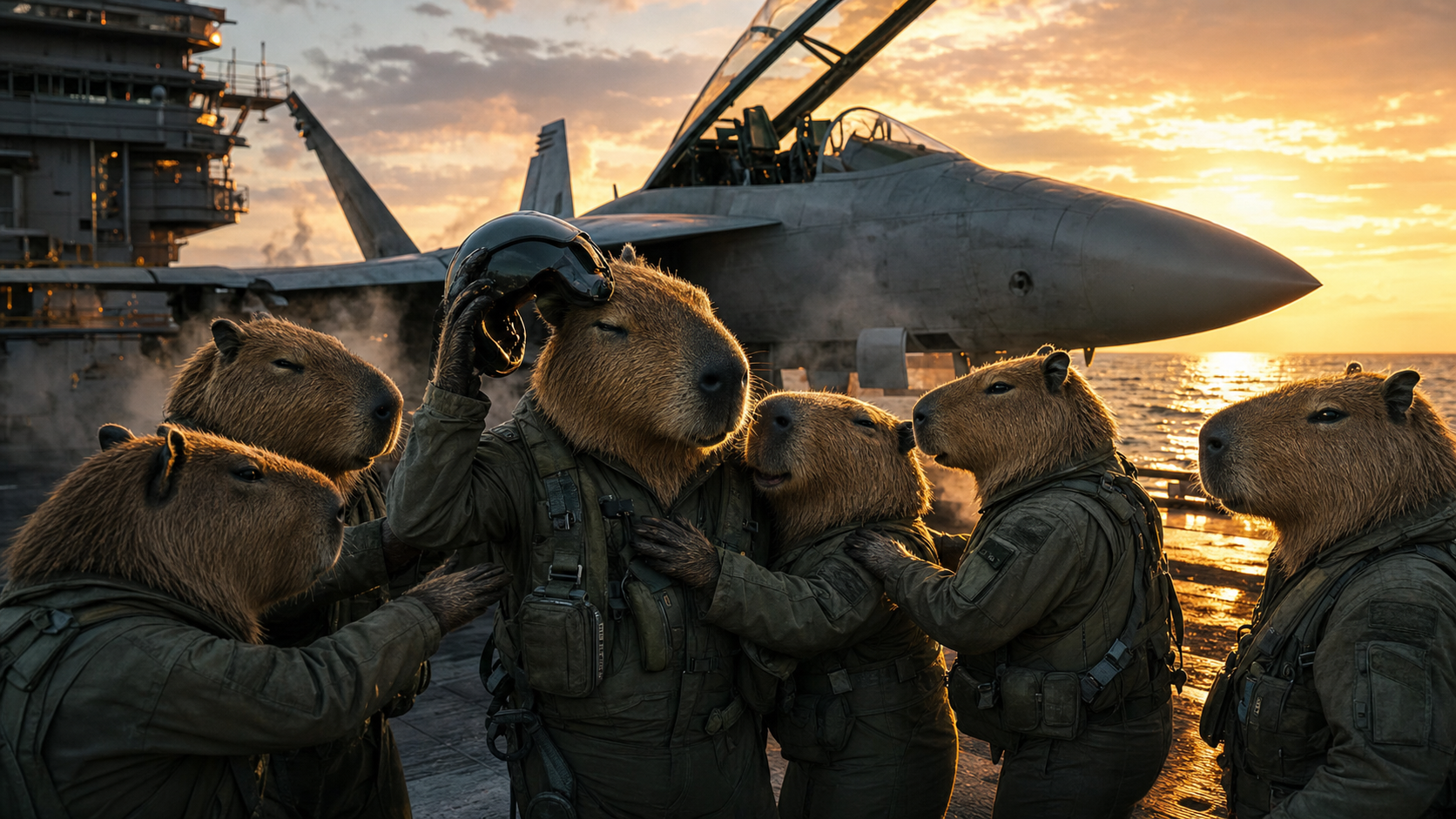 Chiguiros celebrating a safe return on an aircraft carrier