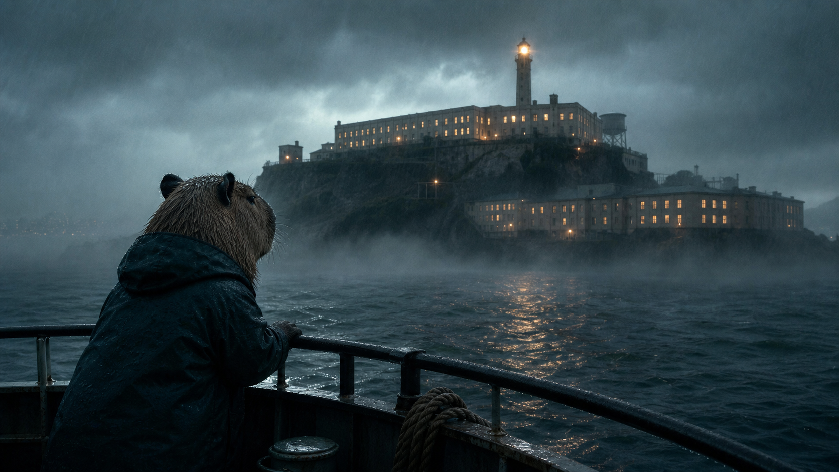 A chiguiro watches stormy Alcatraz from a ferry