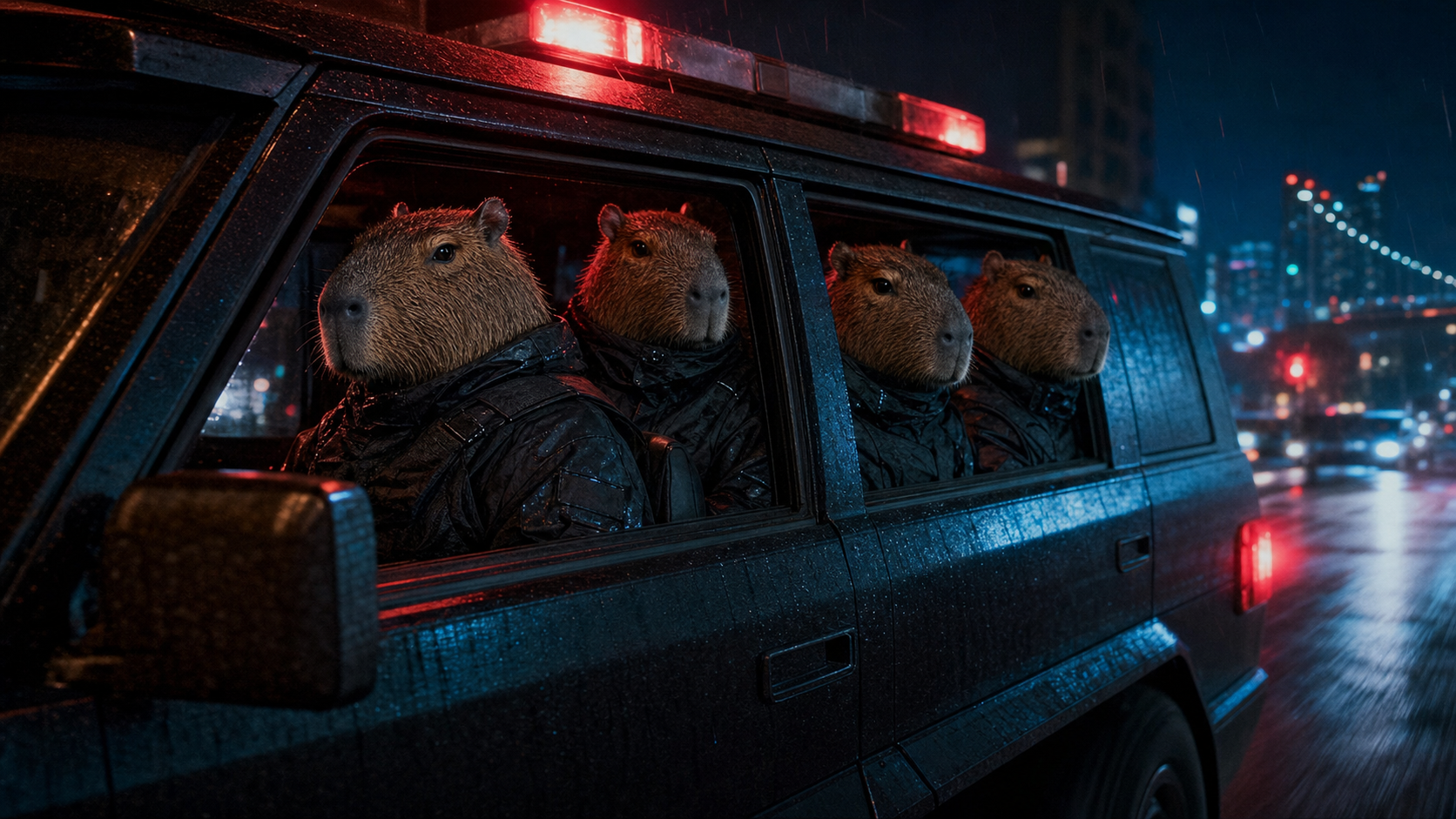 Chiguiros racing through the rain in an armored convoy