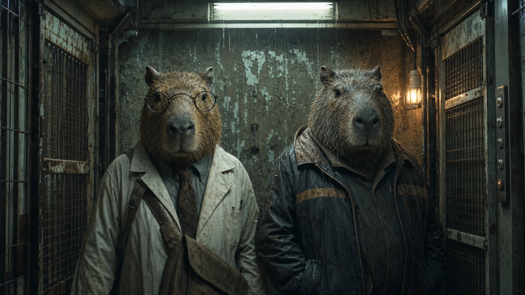 Two chiguiros descending in a rusted prison elevator
