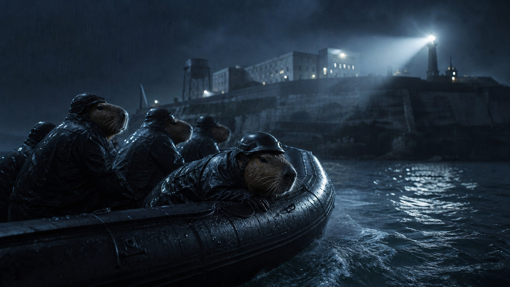 Helmeted chiguiros approaching Alcatraz by boat at night