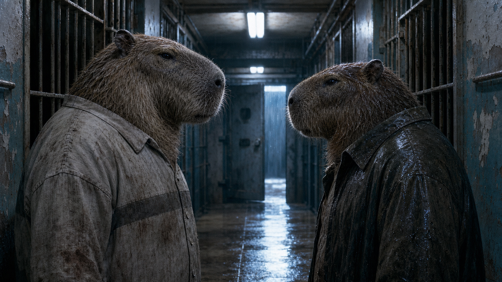Two chiguiros confronting each other in a cellblock corridor