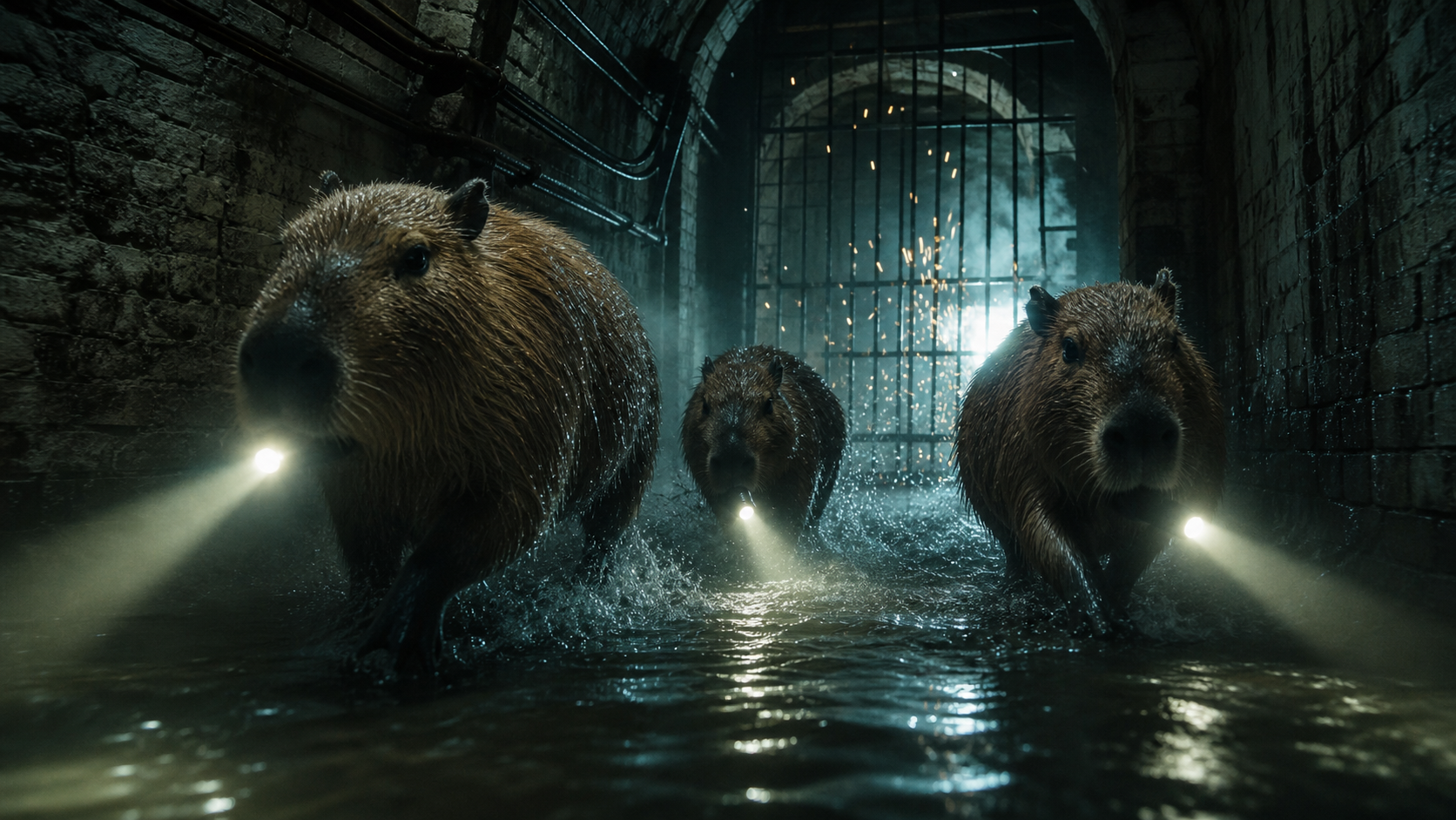 Chiguiros racing through flooded prison maintenance tunnels