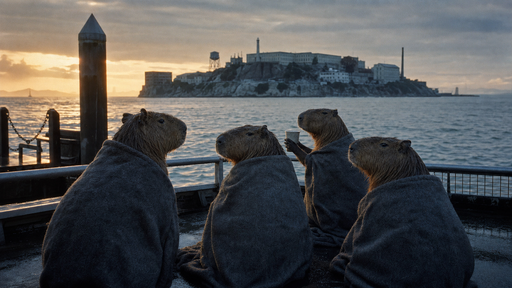 Tired chiguiros leaving Alcatraz by ferry at dawn