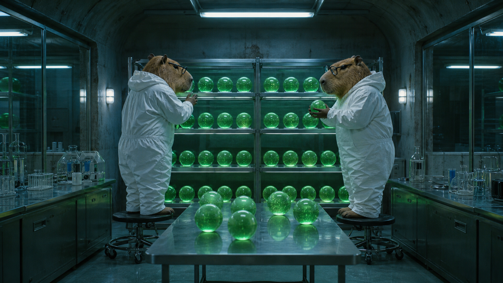 Chiguiro scientists examining mysterious green spheres in an underground laboratory