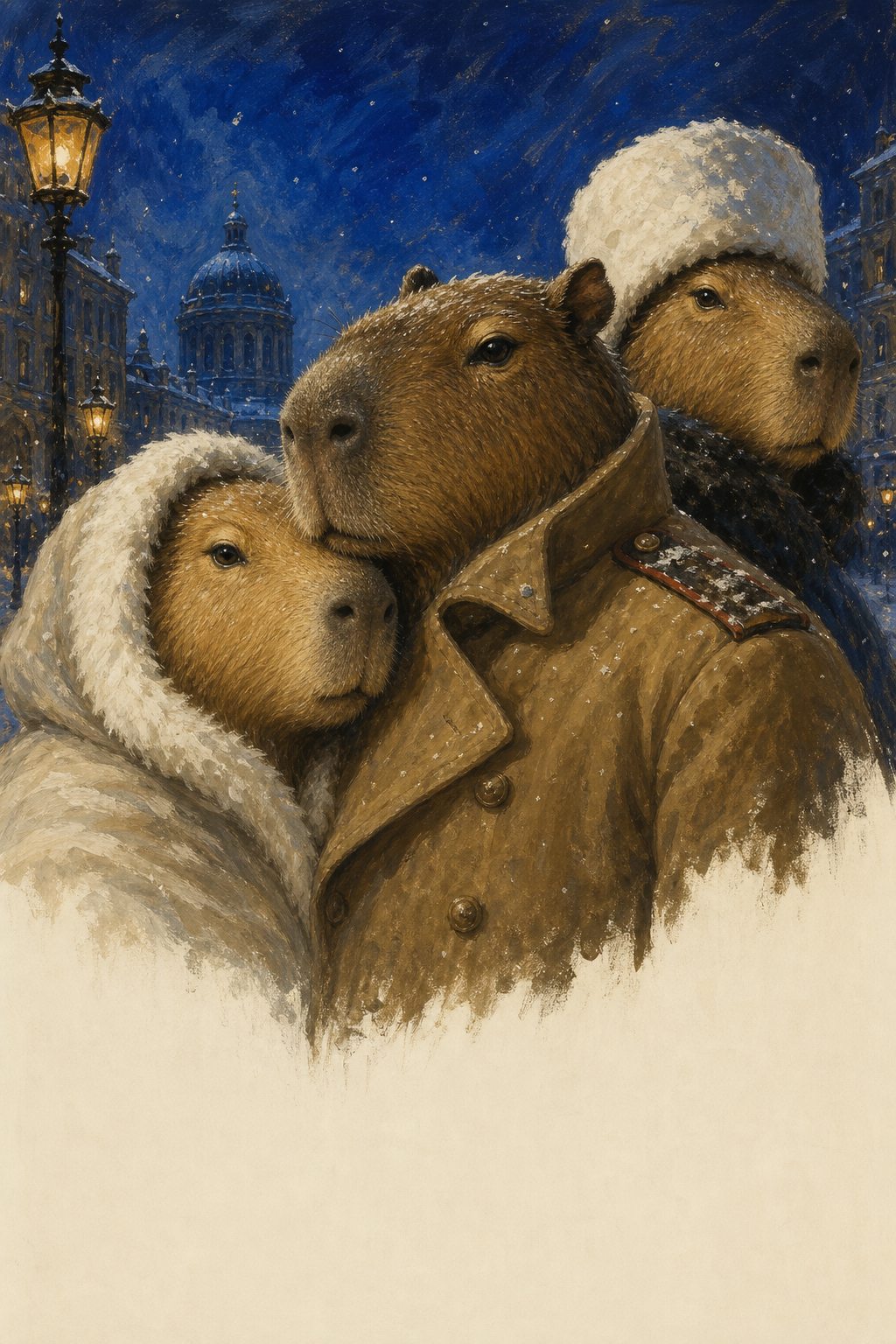 A hand-painted winter epic poster with three chiguiros