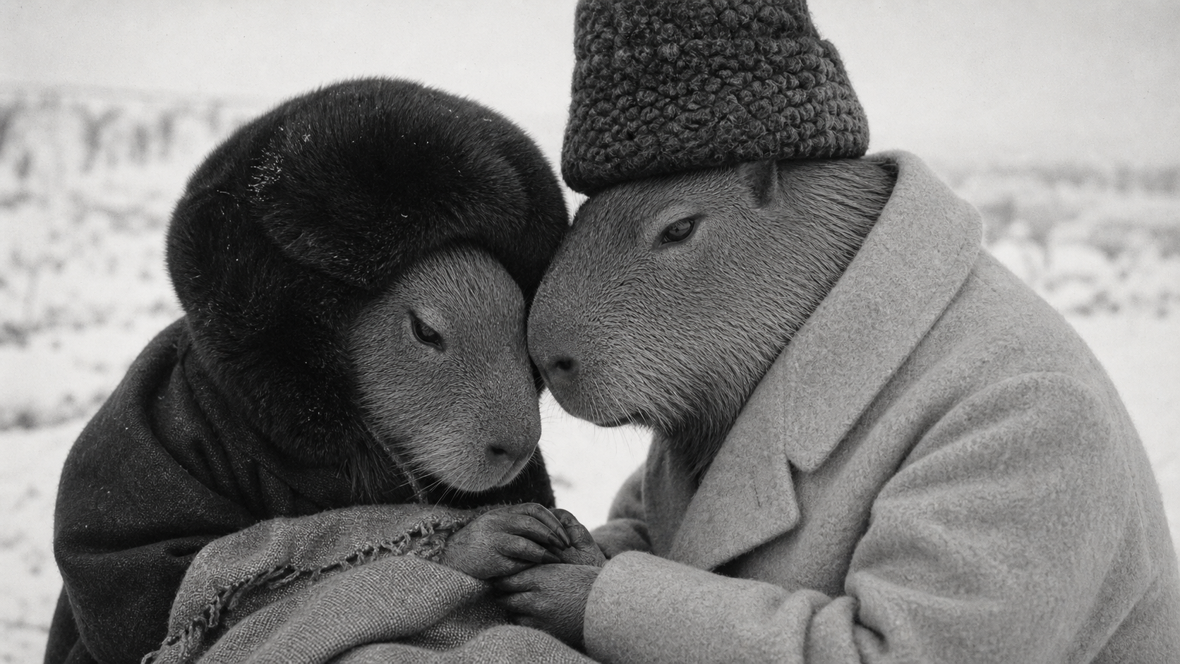 Two chiguiros in a close black-and-white winter portrait