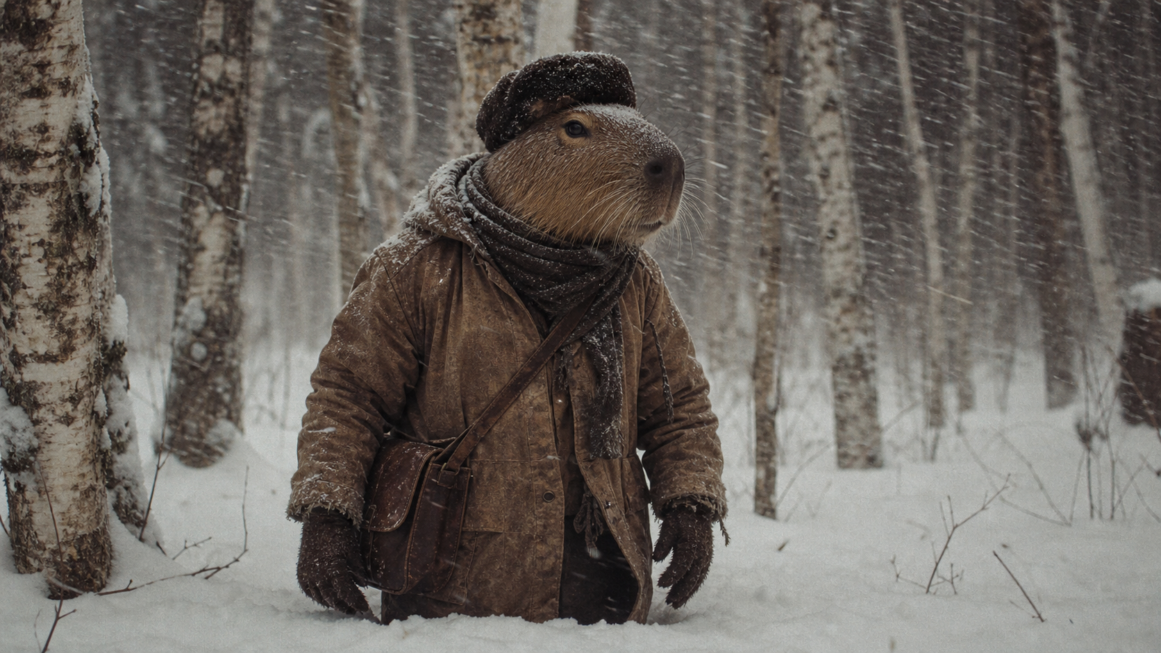 A chiguiro traveler standing in a snowy birch forest