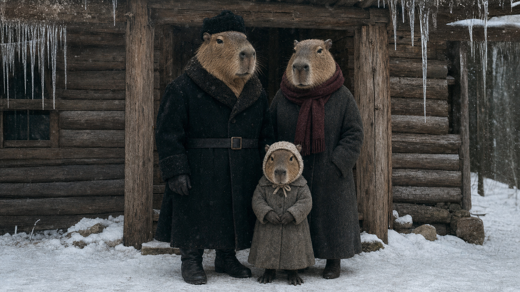 A chiguiro family standing outside a snowbound timber house