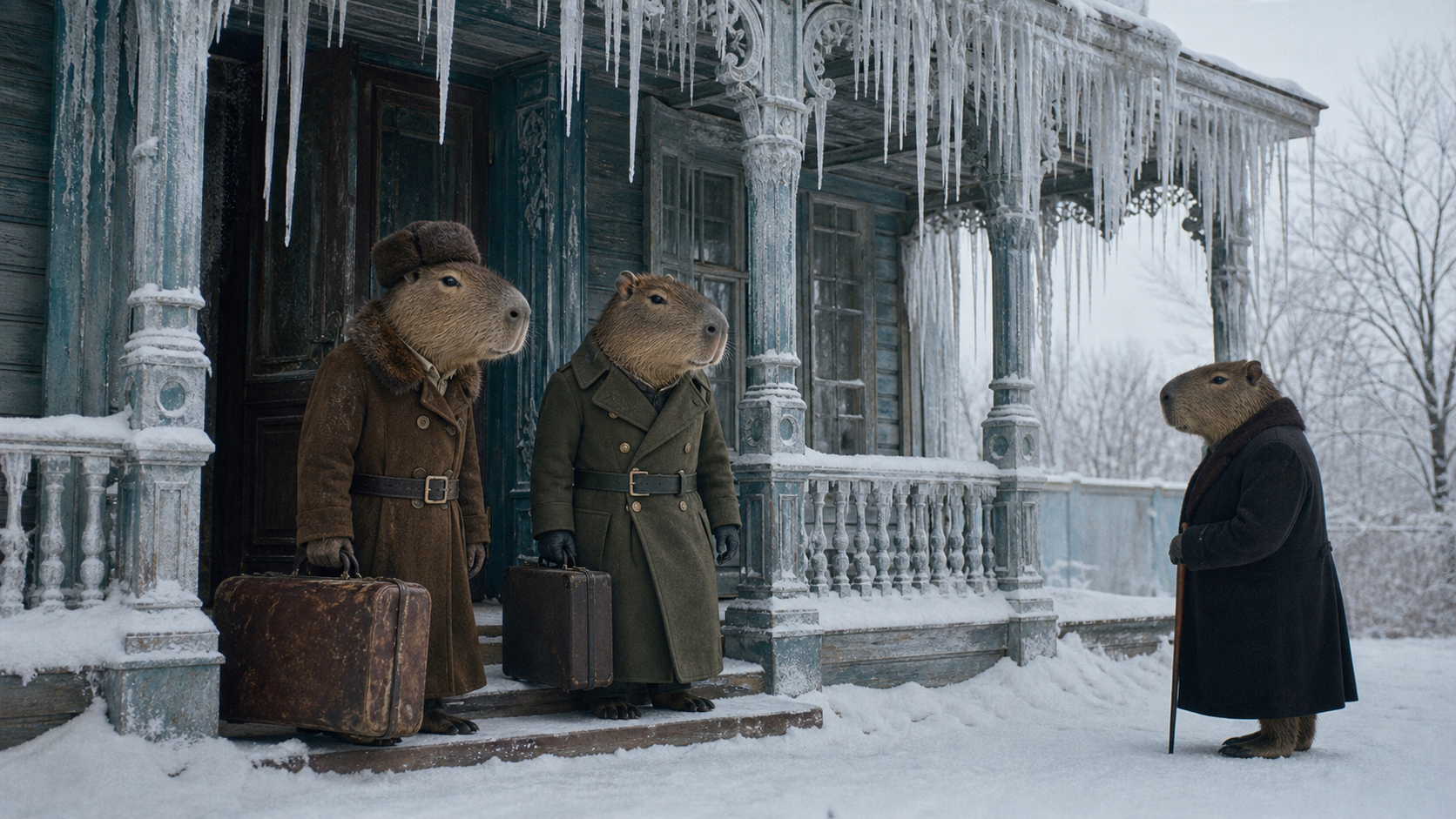 Chiguiros departing a house beneath heavy icicles