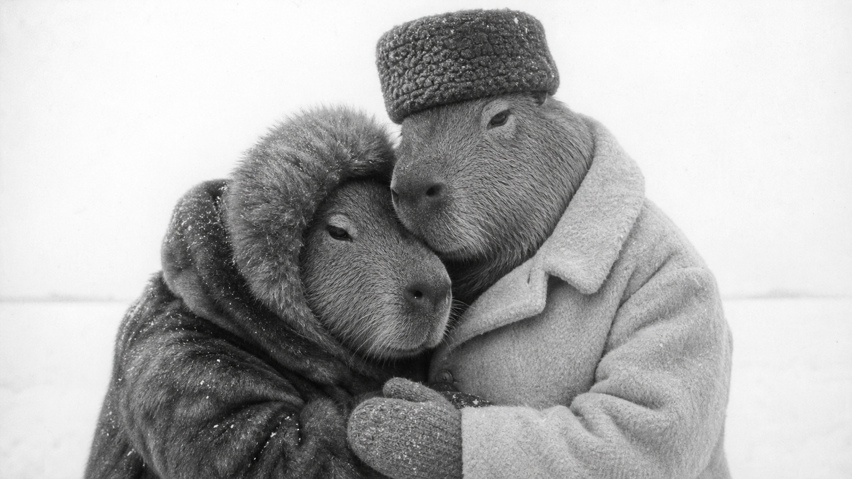 Two chiguiros in a tender black-and-white winter embrace