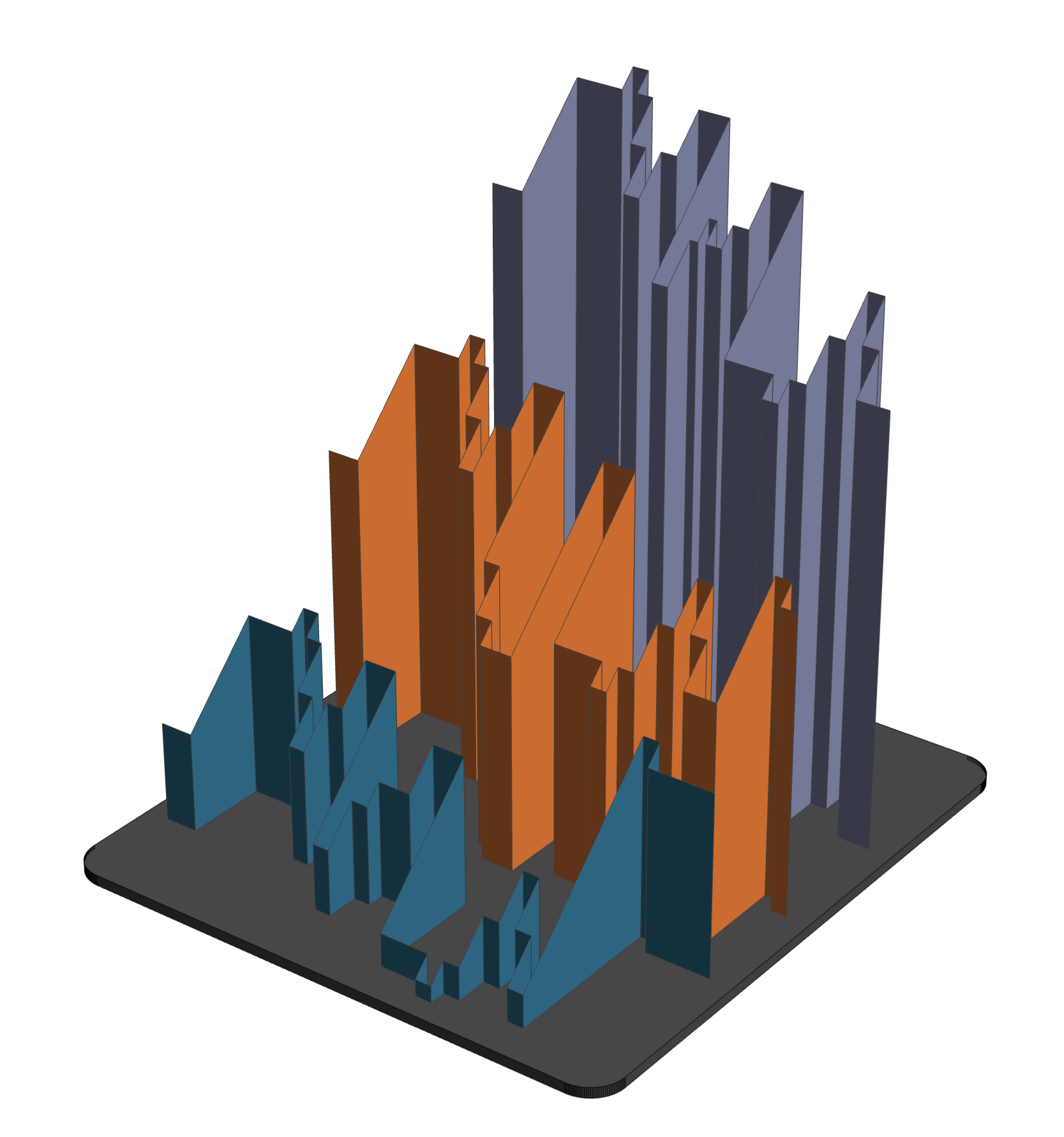 Assembled reconstruction of Neugeboren's Bach sculpture, with three colored musical voices on a rounded rectangular base